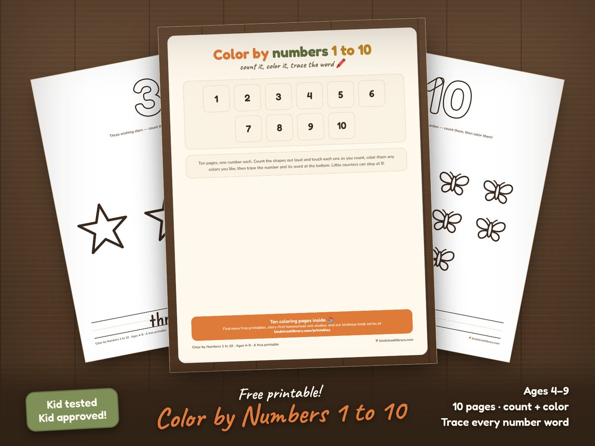 Number coloring pages on a wooden table: a big outline number three with three stars to color and the word three to trace, beside the number ten butterfly page and the cover