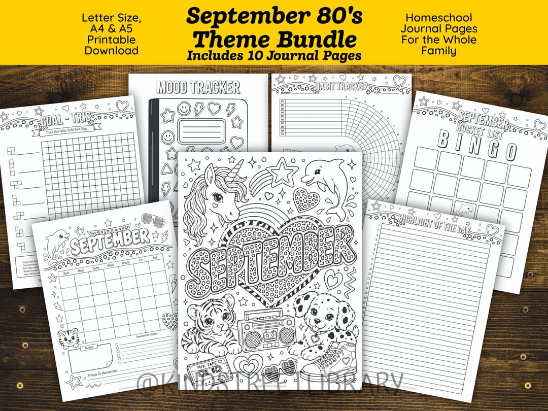 Cover graphic for the 'September 80's Theme Bundle' showing all ten journal pages fanned across a wooden desk, including 'Goal-Tris', 'Mood Tracker', 'Habit Tracker', 'September Bucket List Bingo', 'Highlight of the Day', and a retro 'September' coloring cover with a unicorn, tiger, dalmatian, and boombox