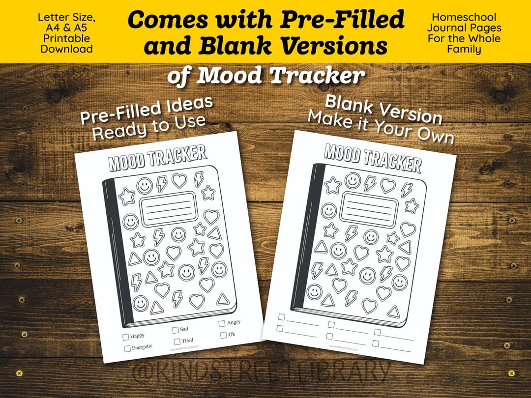 'Comes with Pre-Filled and Blank Versions of Mood Tracker' comparison showing two composition-notebook coloring pages: one with ready-made moods to check off, and one with blank write-in lines