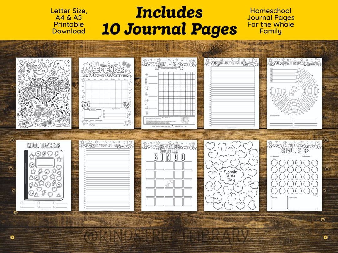 'Includes 10 Journal Pages' overview laying out every page in the bundle: the September coloring cover and calendar, 'Mood Tracker', 'Highlight of the Day', 'Gratitude of the Day', 'Habit Tracker', 'Goal-Tris', 'Doodle of the Day', 'September Bucket List Bingo', and '30 Day Challenge'