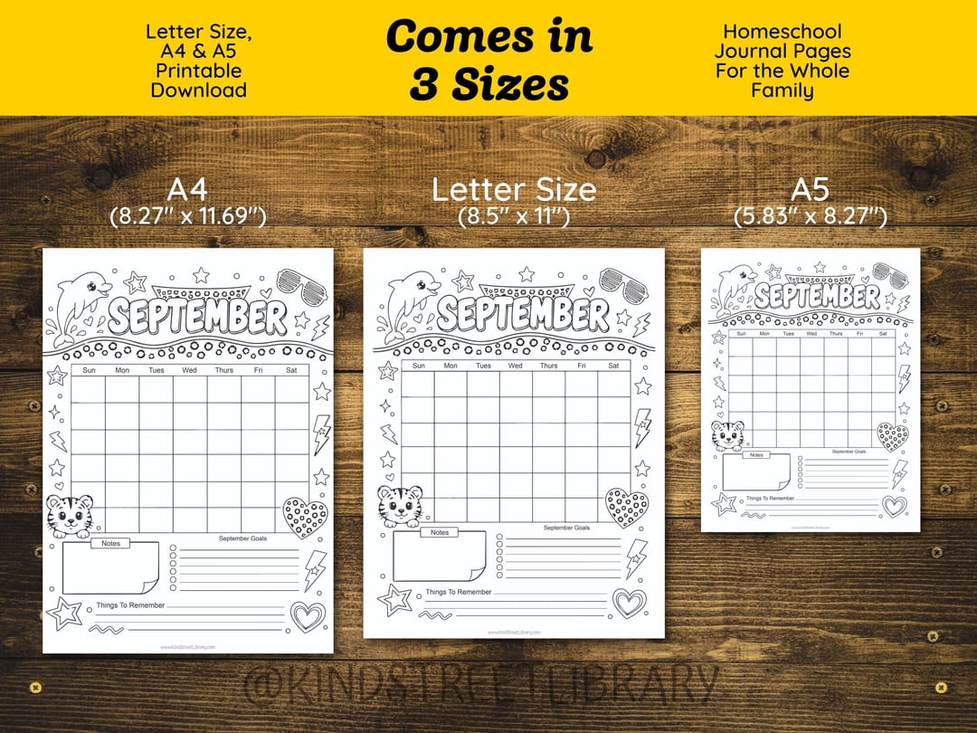 'Comes in 3 Sizes' chart showing the 80s-style September calendar page in A4 (8.27 x 11.69 inches), US Letter (8.5 x 11 inches), and A5 (5.83 x 8.27 inches)