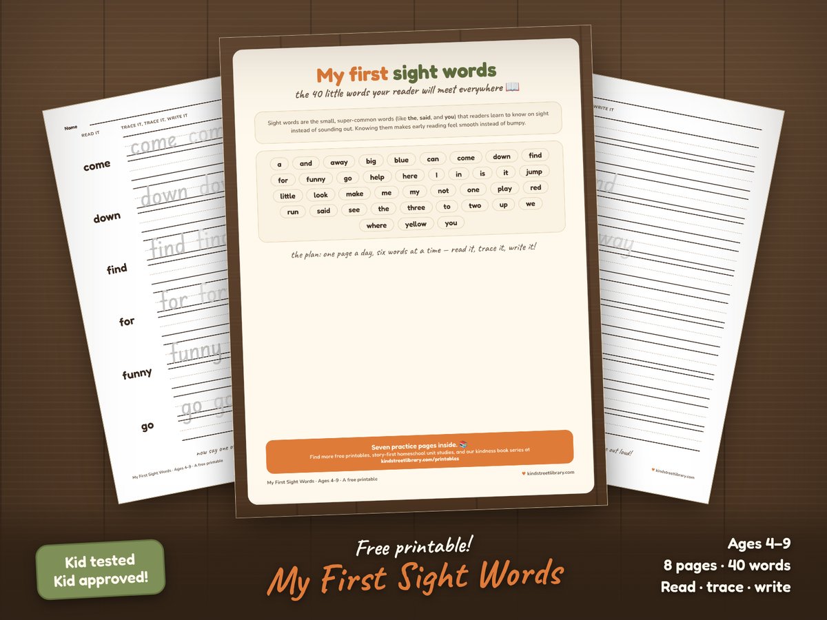 Sight word practice pages on a wooden table: rows of words like and, away, and blue, each shown solid to read, then traced in fading gray on handwriting guides