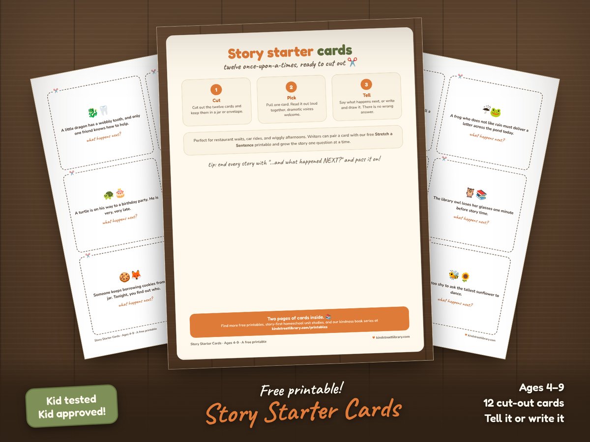 Story starter cards on a wooden table: cut-out cards with emoji pairs and prompts like a little dragon with a wobbly tooth, and the rocket that cannot launch without its striped sock