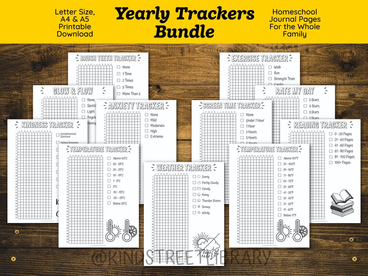 The Yearly Trackers Bundle fanned out on a wooden table: ten year-at-a-glance tracker pages including Brush Teeth, Exercise, Glow & Flow, Anxiety, Screen Time, Rate My Day, Kindness, Temperature, Weather, and Reading