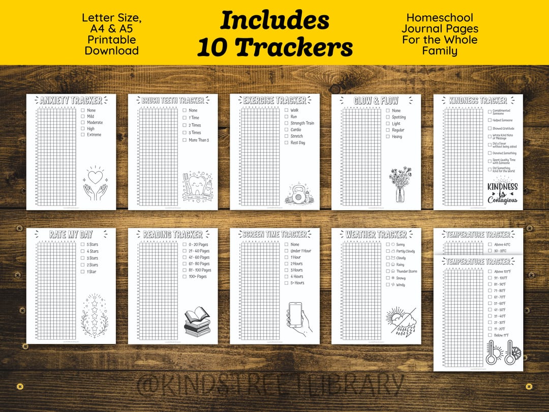 All ten printable pages from the Yearly Trackers Bundle laid out in two rows on a wood background under the heading 'Includes 10 Trackers': Anxiety, Brush Teeth, Exercise, Glow & Flow, Kindness, Rate My Day, Reading, Screen Time, Weather, and Temperature in both Celsius and Fahrenheit versions