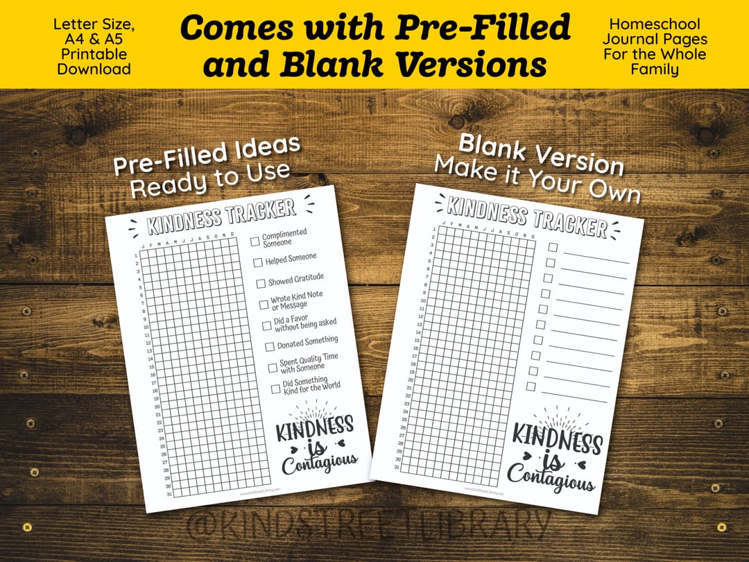 Two angled 'Kindness Tracker' pages on a wood background under the heading 'Comes with Pre-Filled and Blank Versions': one labeled 'Pre-Filled Ideas Ready to Use' with kindness prompts listed, the other labeled 'Blank Version Make it Your Own' with empty checklist lines to fill in
