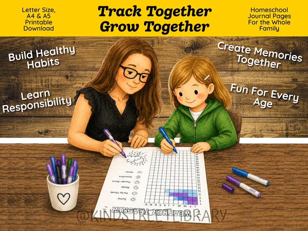 Hand-drawn illustration of a mom and daughter coloring a 'Weather Tracker' page together at a wooden table with markers, under the heading 'Track Together Grow Together' and callouts reading 'Build Healthy Habits', 'Learn Responsibility', 'Create Memories Together', and 'Fun For Every Age'