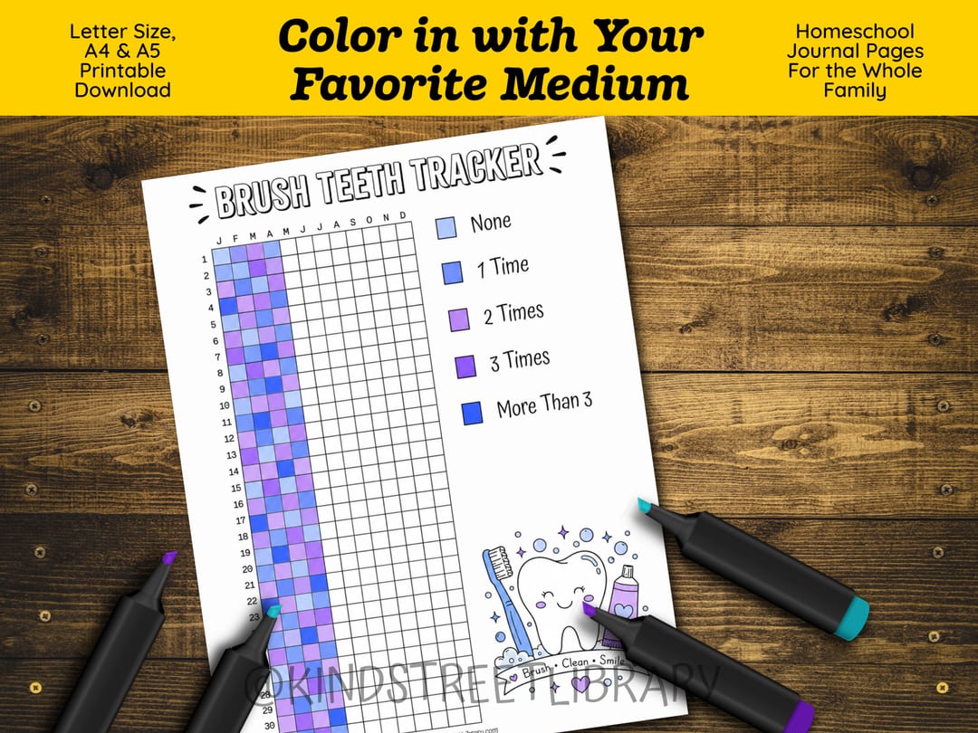 A 'Brush Teeth Tracker' page colored in shades of purple and blue, with a smiling tooth illustration and a key ranging from 'None' to 'More Than 3', surrounded by markers on a wooden desk under the heading 'Color in with Your Favorite Medium'
