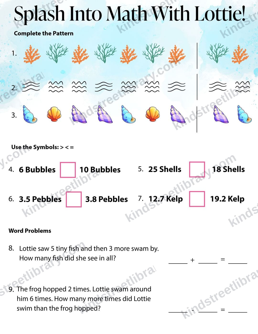 A math page titled 'Splash Into Math With Lottie' with pattern completion, greater-than and less-than comparisons, and underwater word problems