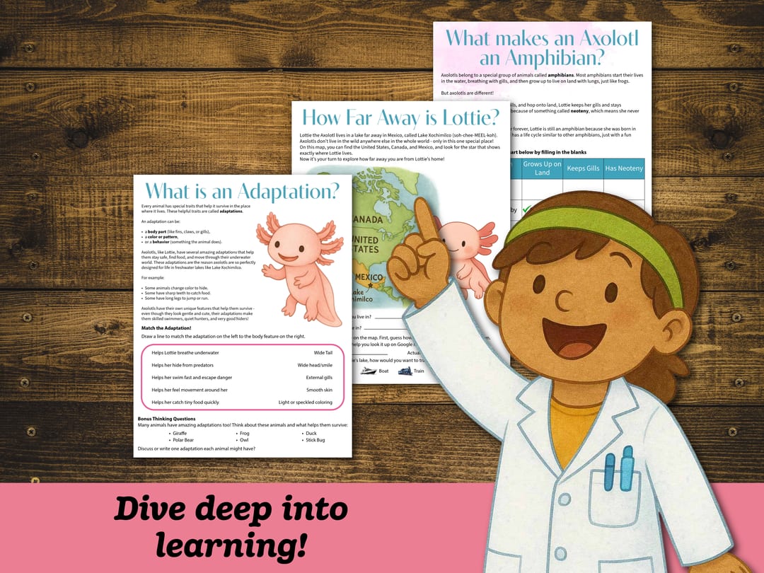 Science sample pages from the Axolotl Unit Study: 'What is an Adaptation?', the map activity 'How Far Away is Lottie?', and 'What makes an Axolotl an Amphibian?', presented by a young scientist in a lab coat under the banner 'Dive deep into learning!'