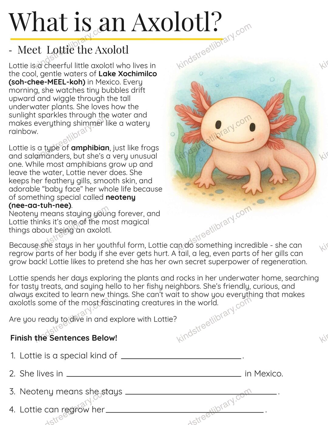 A reading and science page titled 'What is an Axolotl?' introducing Lottie with a watercolor axolotl and finish-the-sentence comprehension questions
