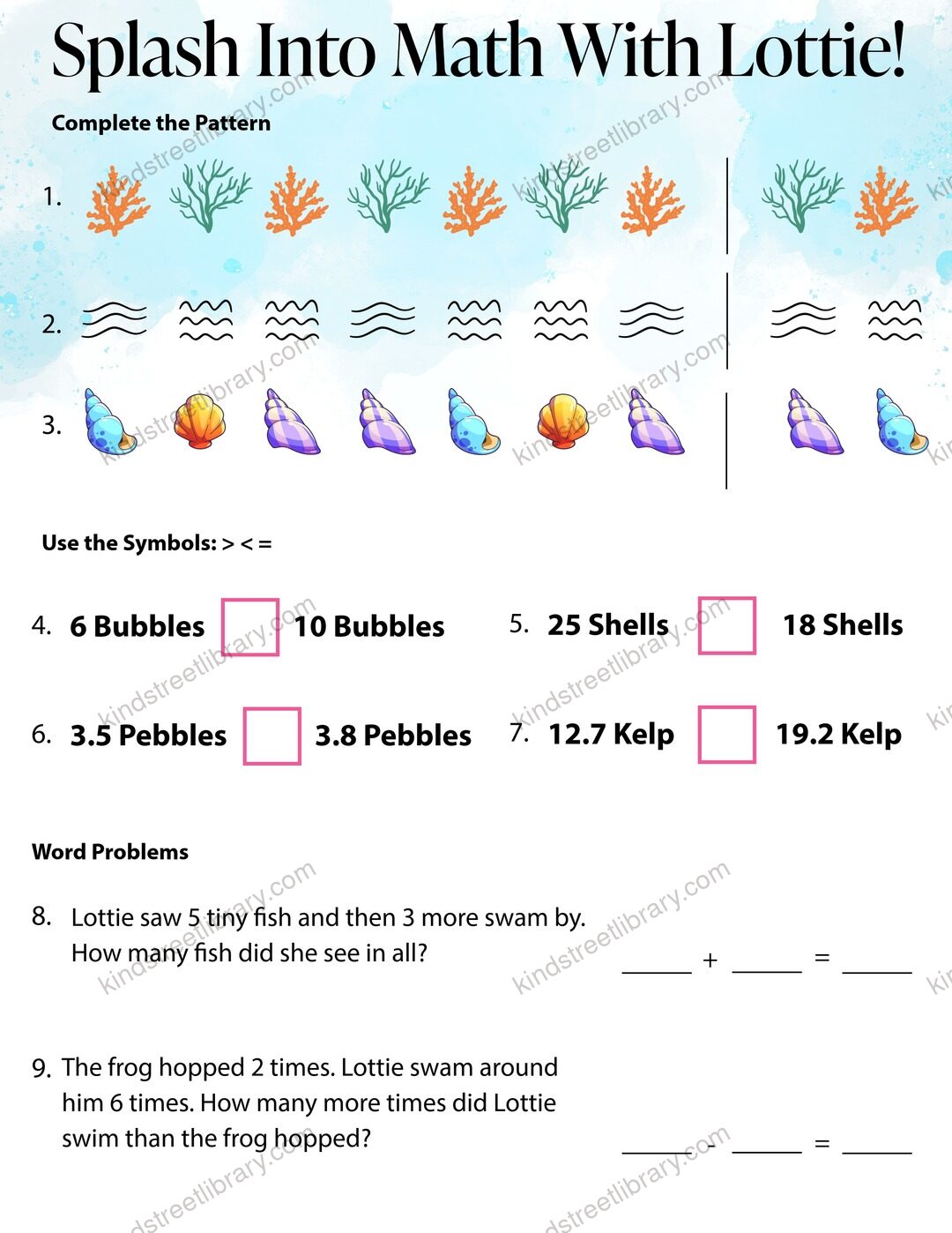A math page titled 'Splash Into Math With Lottie' with pattern completion, greater-than and less-than comparisons, and underwater word problems