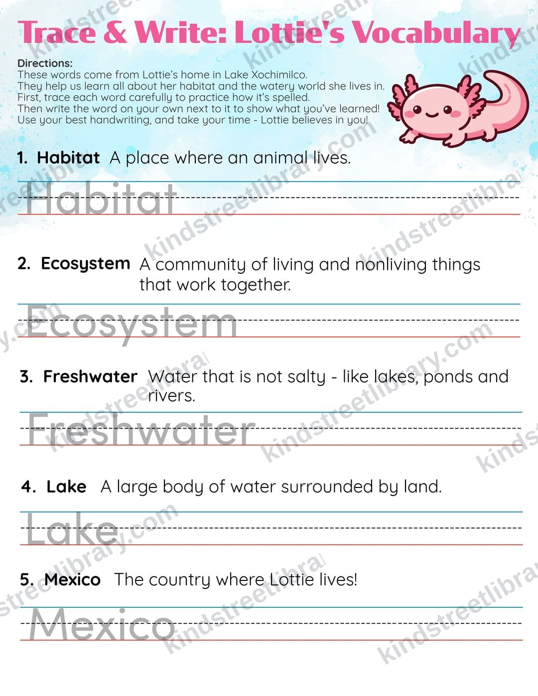 Handwriting page 'Trace & Write: Lottie's Vocabulary' for tracing words like habitat, ecosystem, and freshwater
