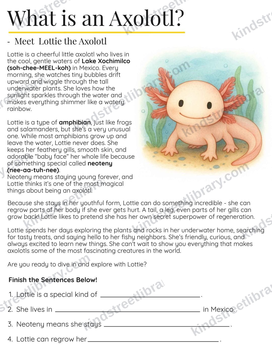 A reading and science page titled 'What is an Axolotl?' introducing Lottie with a watercolor axolotl and finish-the-sentence comprehension questions