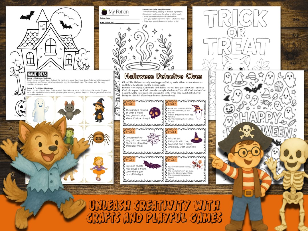 Creative Halloween sample pages, including a haunted house coloring page with matching-card 'Game Ideas', a 'My Potion' invention page, 'Halloween Detective Clues' treasure-hunt cards, and 'Trick or Treat' coloring sheets, with a friendly werewolf, pirate, and skeleton cheering below