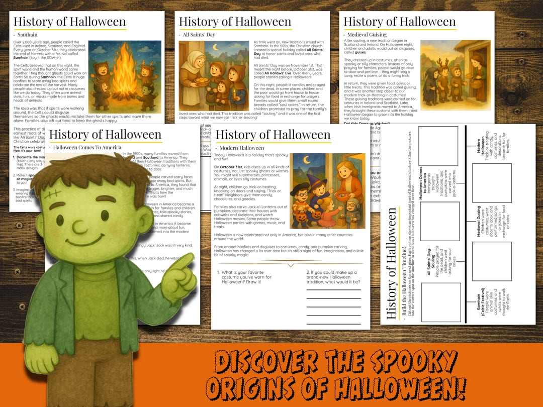 Six 'History of Halloween' sample pages tracing Samhain, All Saints' Day, medieval guising, Halloween's arrival in America, modern Halloween, and a build-the-timeline activity, with a friendly Frankenstein character and the banner 'Discover the spooky origins of Halloween!'