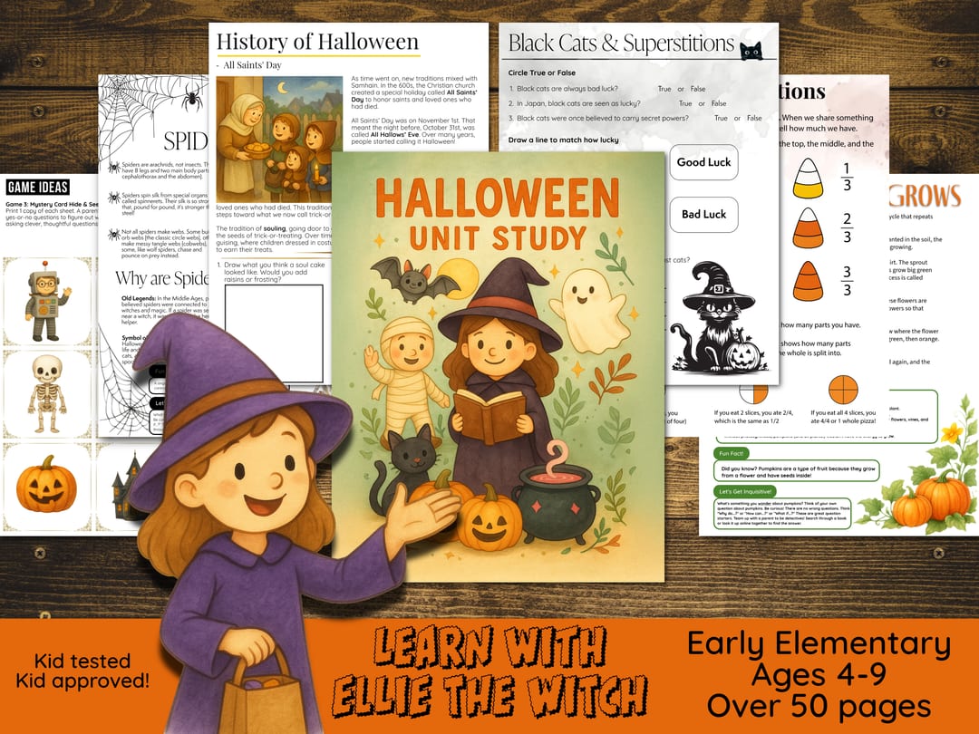 Cover graphic for the Halloween Unit Study showing the cover art of Ellie the witch reading beside her cauldron, fanned with sample pages like 'History of Halloween' and 'Black Cats & Superstitions', with a banner reading 'Learn with Ellie the Witch, Early Elementary Ages 4-9, Over 50 pages'