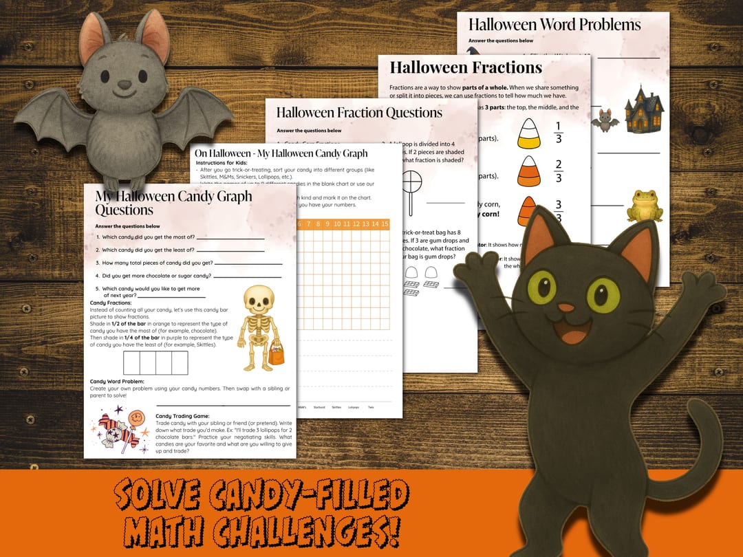Halloween math sample pages: 'My Halloween Candy Graph', 'Halloween Fractions' shown with candy corn thirds, and 'Halloween Word Problems', with a happy black cat and a felt bat on a wood background under the banner 'Solve candy-filled math challenges!'