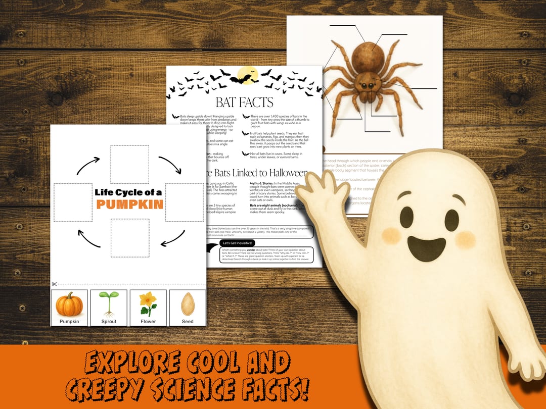 Halloween science sample pages: a 'Life Cycle of a Pumpkin' cut-and-paste diagram, a 'Bat Facts' page, and a label-the-spider anatomy activity, presented by a smiling ghost with the banner 'Explore cool and creepy science facts!'