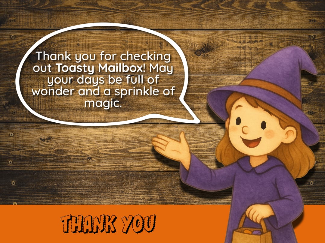 Thank-you page featuring Ellie the witch beside a speech bubble wishing families days full of wonder and a sprinkle of magic, above an orange 'Thank You' banner
