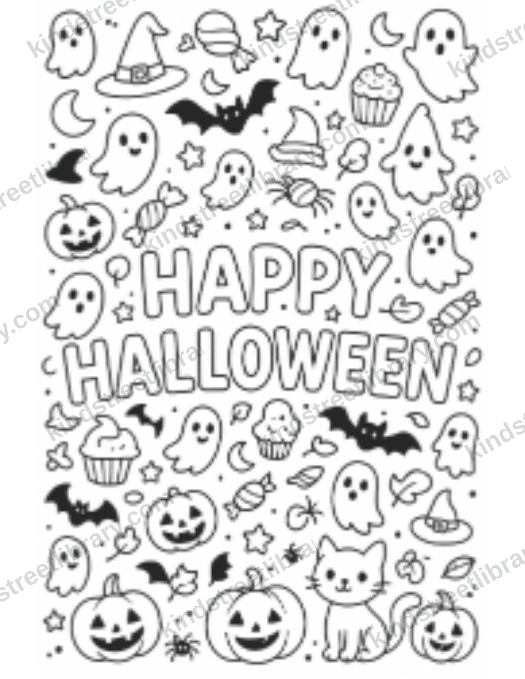 A 'Happy Halloween' doodle coloring page full of friendly ghosts, pumpkins, cats, and bats