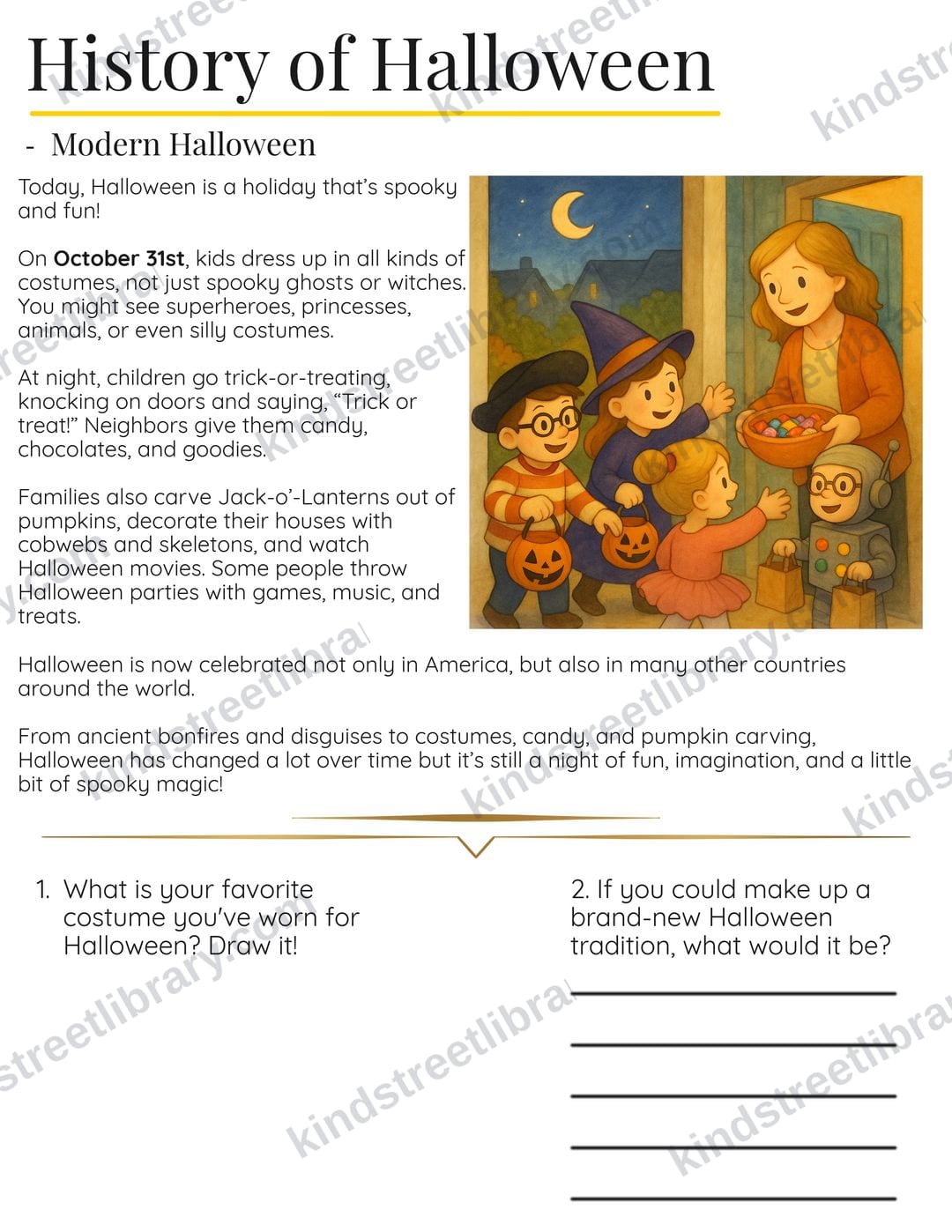 Reading page 'History of Halloween' explaining modern Halloween traditions, with writing prompts