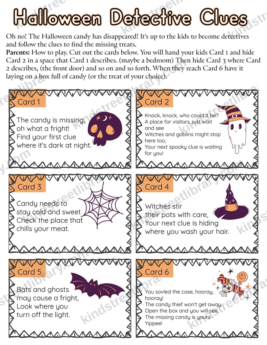 Cut-out 'Halloween Detective Clues' cards, a rhyming clue hunt parents hide around the house to lead kids to a treat
