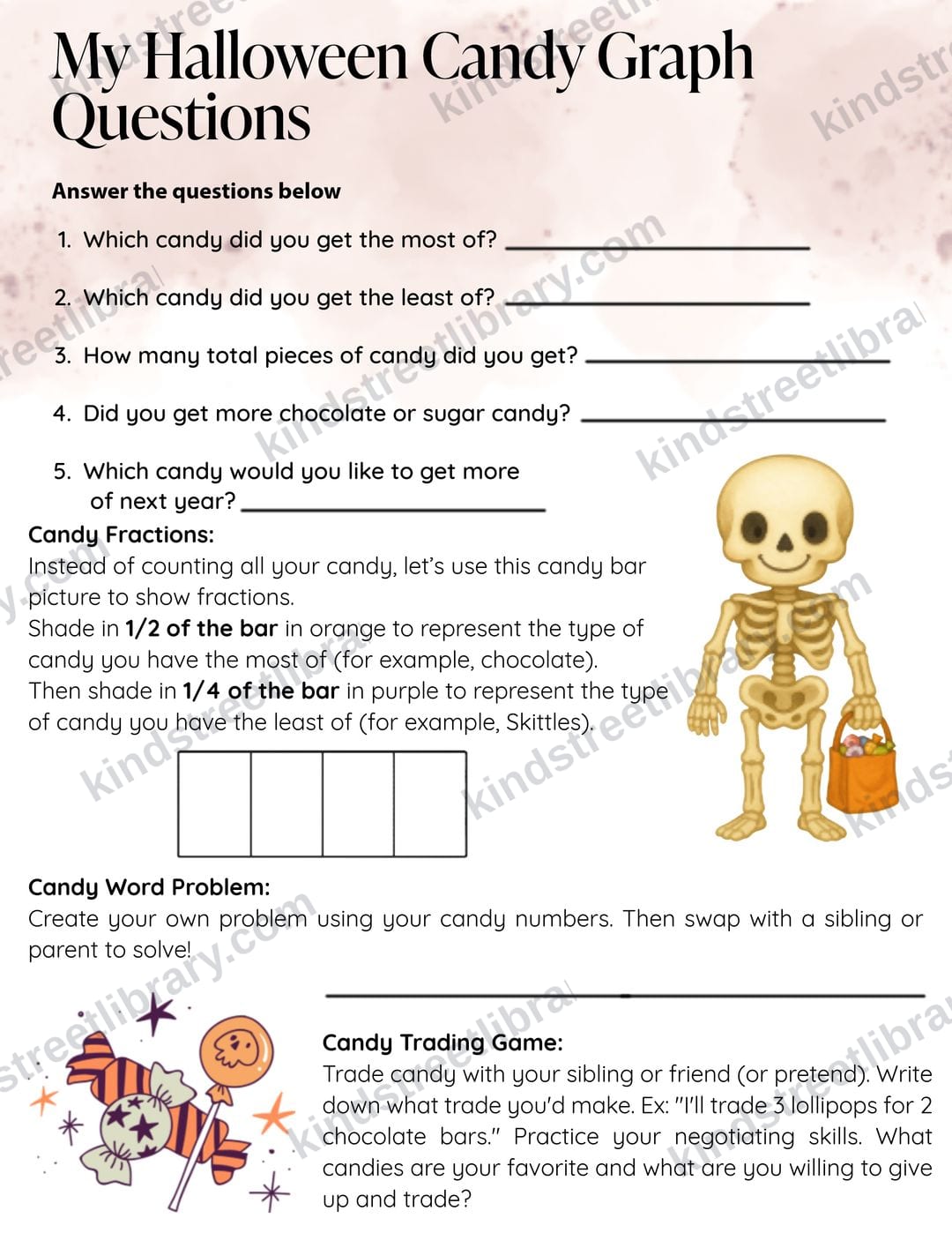 Math page 'My Halloween Candy Graph Questions' with graphing, candy fractions, and a candy-trading word problem