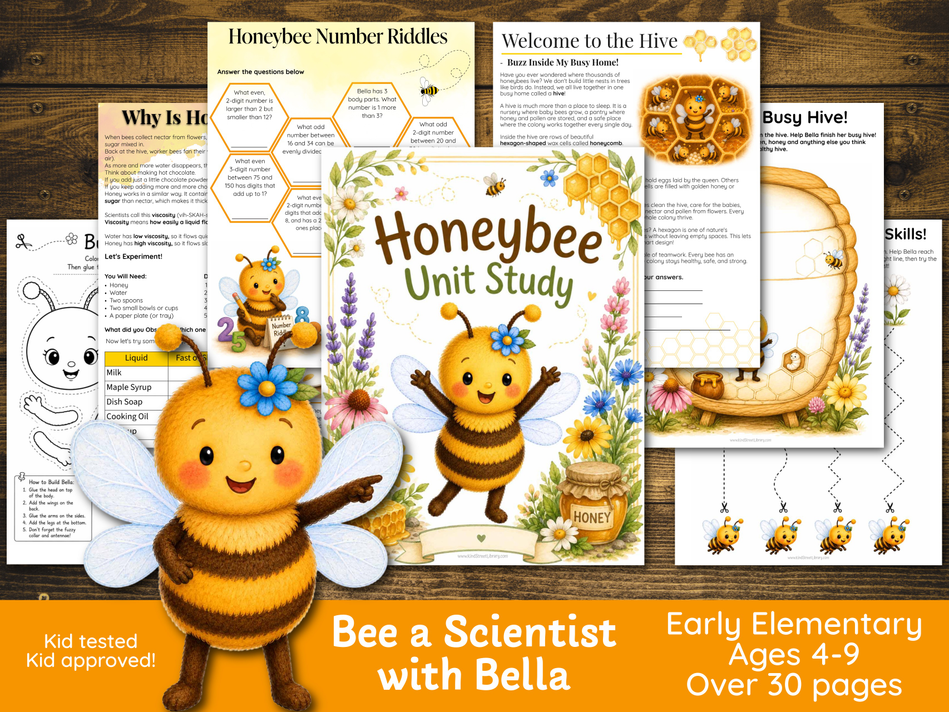 Bee a Scientist with Bella honeybee homeschool unit study cover: a smiling storybook honeybee with a blue flower, surrounded by printable worksheet pages, honeycomb, and wildflowers