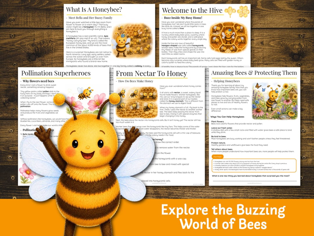 Reading and science pages 'What Is a Honeybee?', 'Welcome to the Hive', 'Pollination Superheroes', 'From Nectar to Honey', and 'Amazing Bees & Protecting Them' introducing Bella and her colony