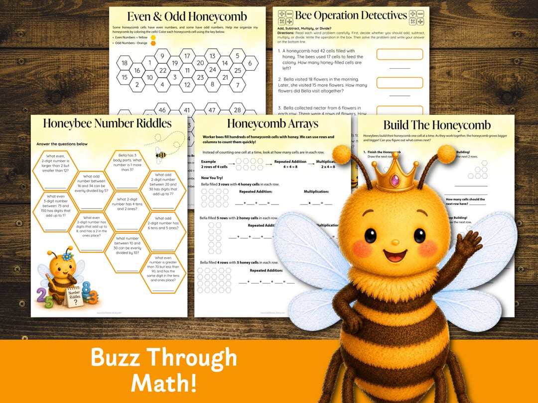 Bee-themed math pages: 'Even & Odd Honeycomb' coloring, 'Honeybee Number Riddles', 'Honeycomb Arrays', 'Build the Honeycomb', and 'Bee Operation Detectives' word problems, with a crowned queen bee waving