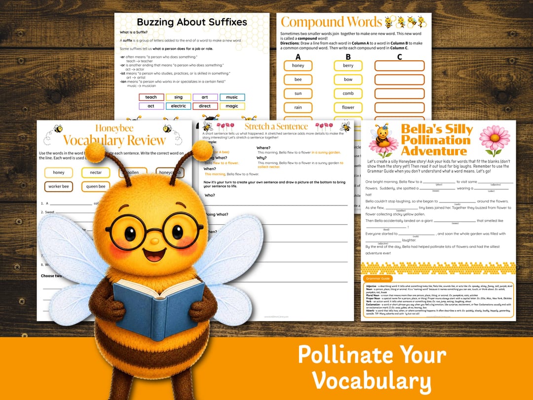 Language arts pages: 'Buzzing About Suffixes', 'Compound Words', 'Honeybee Vocabulary Review', 'Stretch a Sentence', and the 'Bella's Silly Pollination Adventure' fill-in story, with Bella reading a book in round glasses