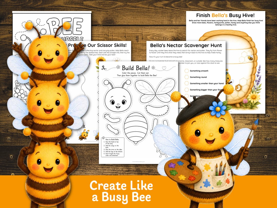 Creative pages: the 'Build Bella' cut-and-glue craft, scissor skills practice, 'Bella's Nectar Scavenger Hunt', and a 'Finish Bella's Busy Hive' drawing page, with Bella dressed as a painter holding a palette