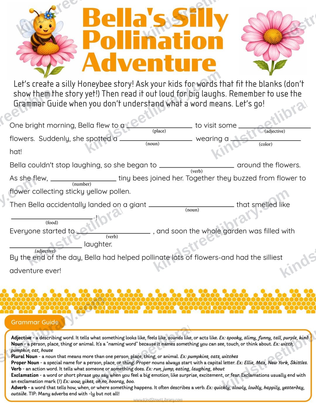 'Bella's Silly Pollination Adventure' fill-in-the-blank story page where kids supply nouns, verbs, and adjectives for a giggly pollination tale, with a grammar guide along the bottom