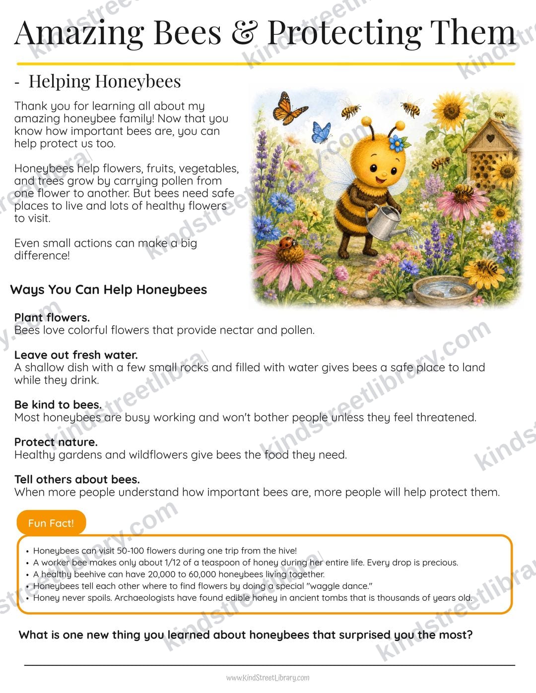 'Amazing Bees & Protecting Them' page sharing ways kids can help honeybees (planting flowers, leaving out fresh water, protecting nature), with Bella watering a blooming garden and a fun-fact box