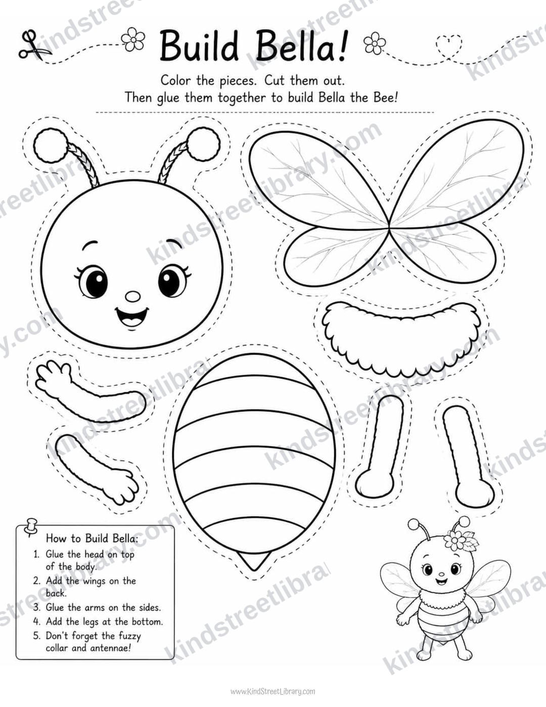 'Build Bella!' craft page with color-and-cut bee pieces (head, wings, striped body, arms, and legs) and numbered steps for gluing Bella the Bee together