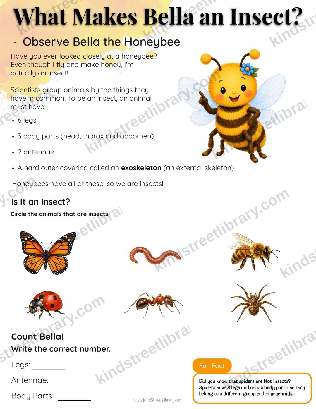 'What Makes Bella an Insect?' science page listing insect traits like six legs, three body parts, and an exoskeleton, with an 'Is It an Insect?' circling activity and a 'Count Bella!' exercise