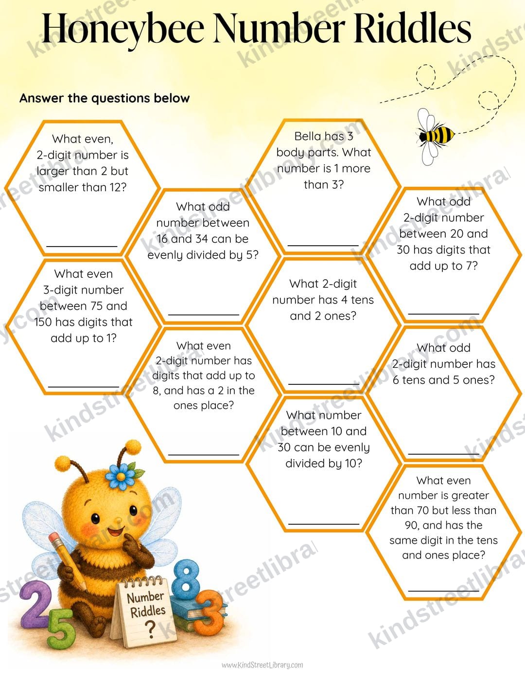 'Honeybee Number Riddles' math page where kids answer place-value and even-and-odd riddles inside honeycomb-shaped cells, with Bella pondering beside colorful numbers
