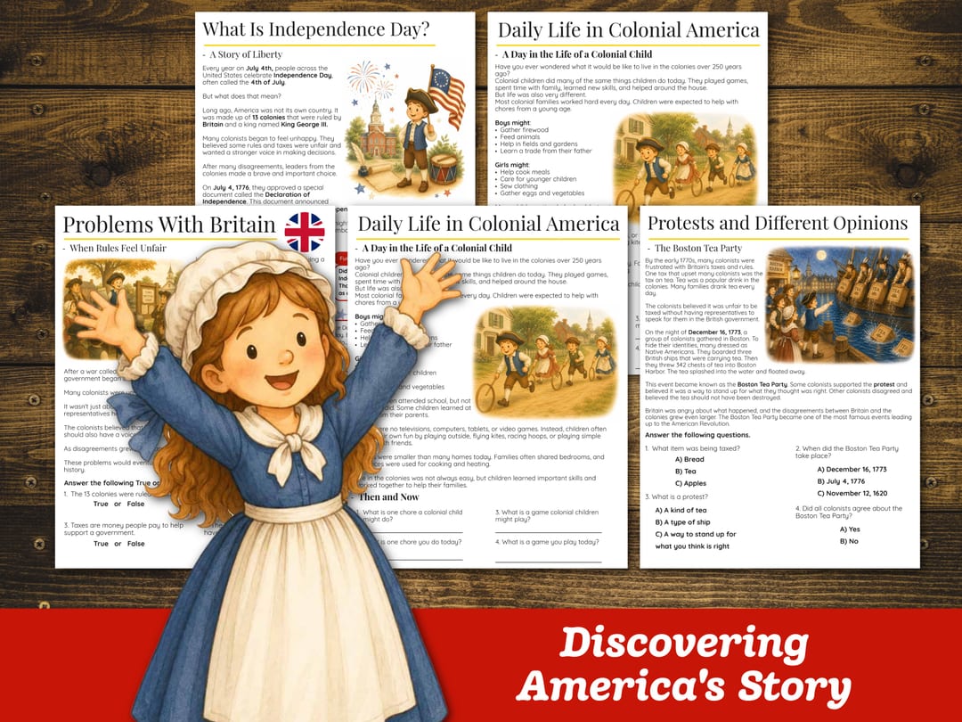 History pages: 'What Is Independence Day?', 'Daily Life in Colonial America', 'Problems With Britain', and 'Protests and Different Opinions' retelling the Boston Tea Party, with a cheering colonial girl in a blue dress