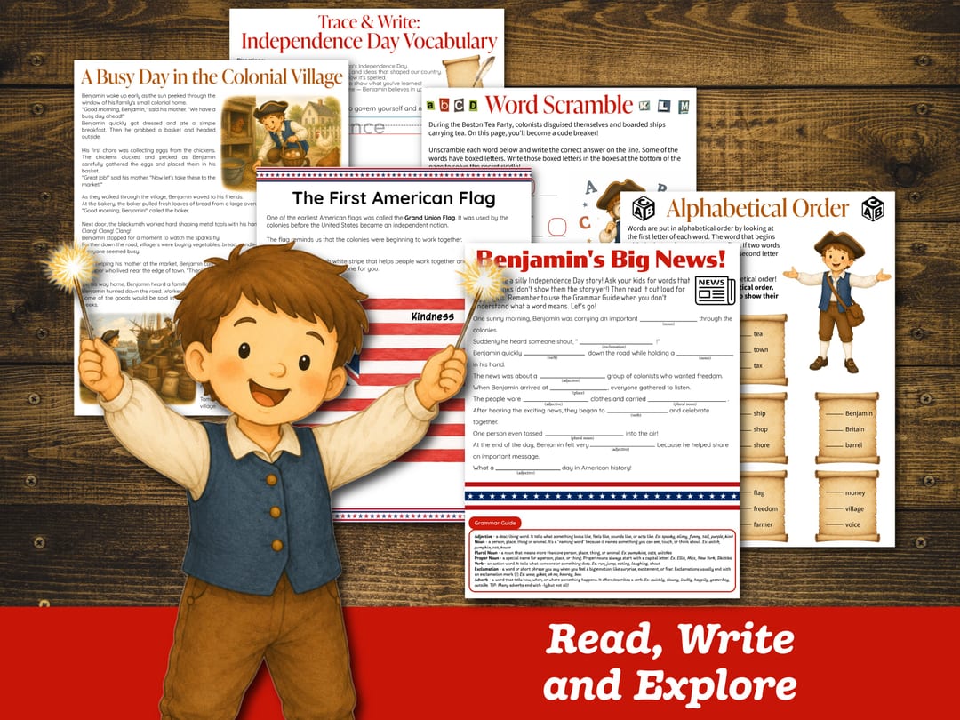Language arts pages: 'A Busy Day in the Colonial Village', 'Trace & Write: Independence Day Vocabulary', 'Word Scramble', 'The First American Flag', the 'Benjamin's Big News!' fill-in story, and 'Alphabetical Order', with Benjamin holding sparklers
