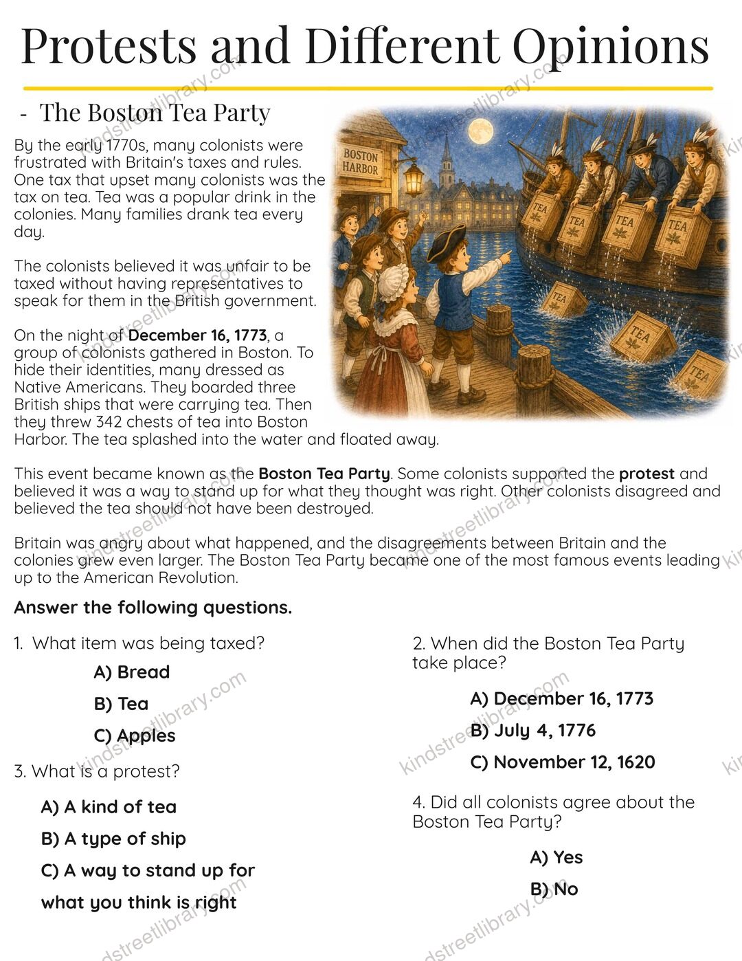 A reading page titled 'Protests and Different Opinions' showing colonists tossing tea into Boston Harbor, with simple comprehension questions