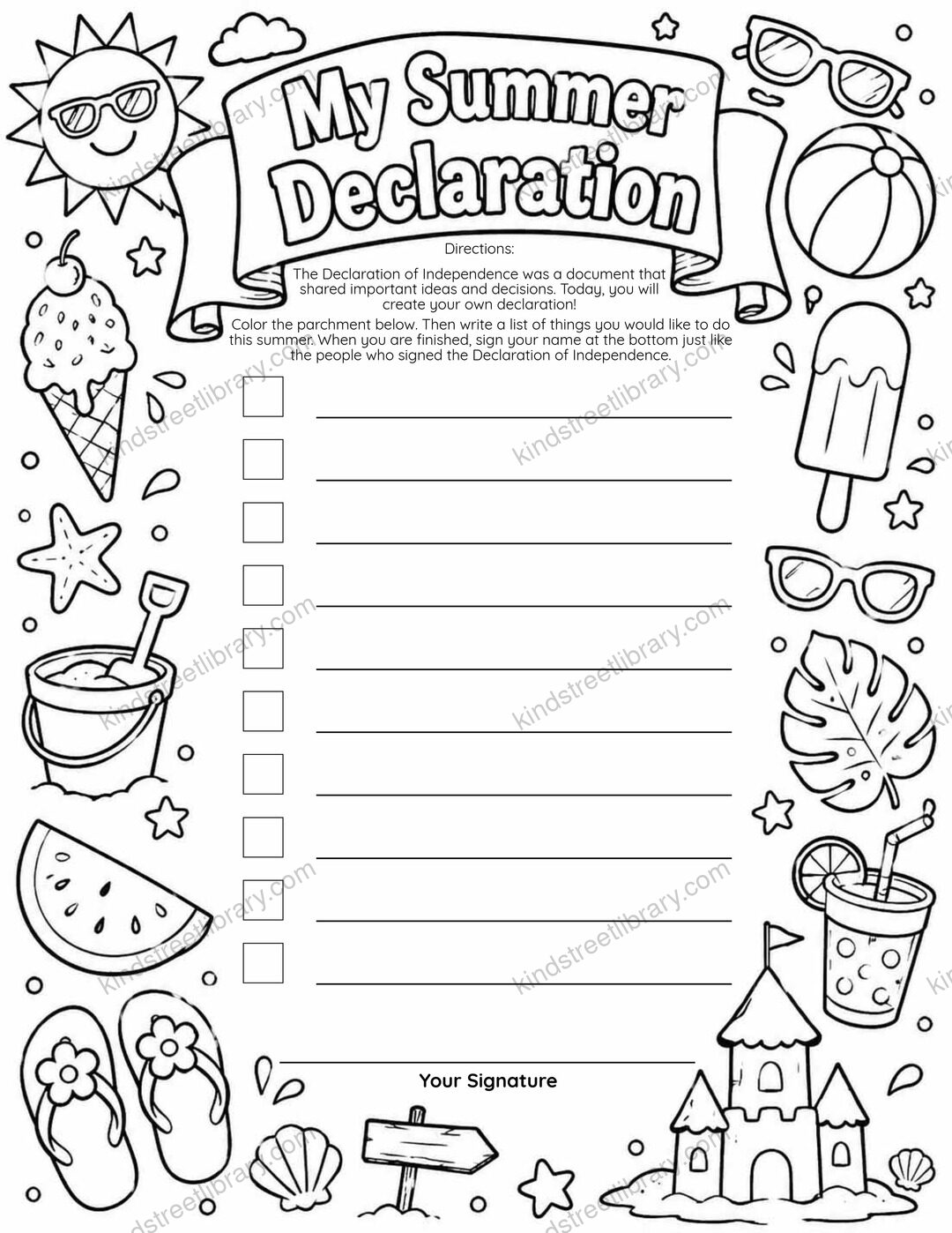 A 'My Summer Declaration' printable page where kids color a parchment scroll and write their own declaration to sign