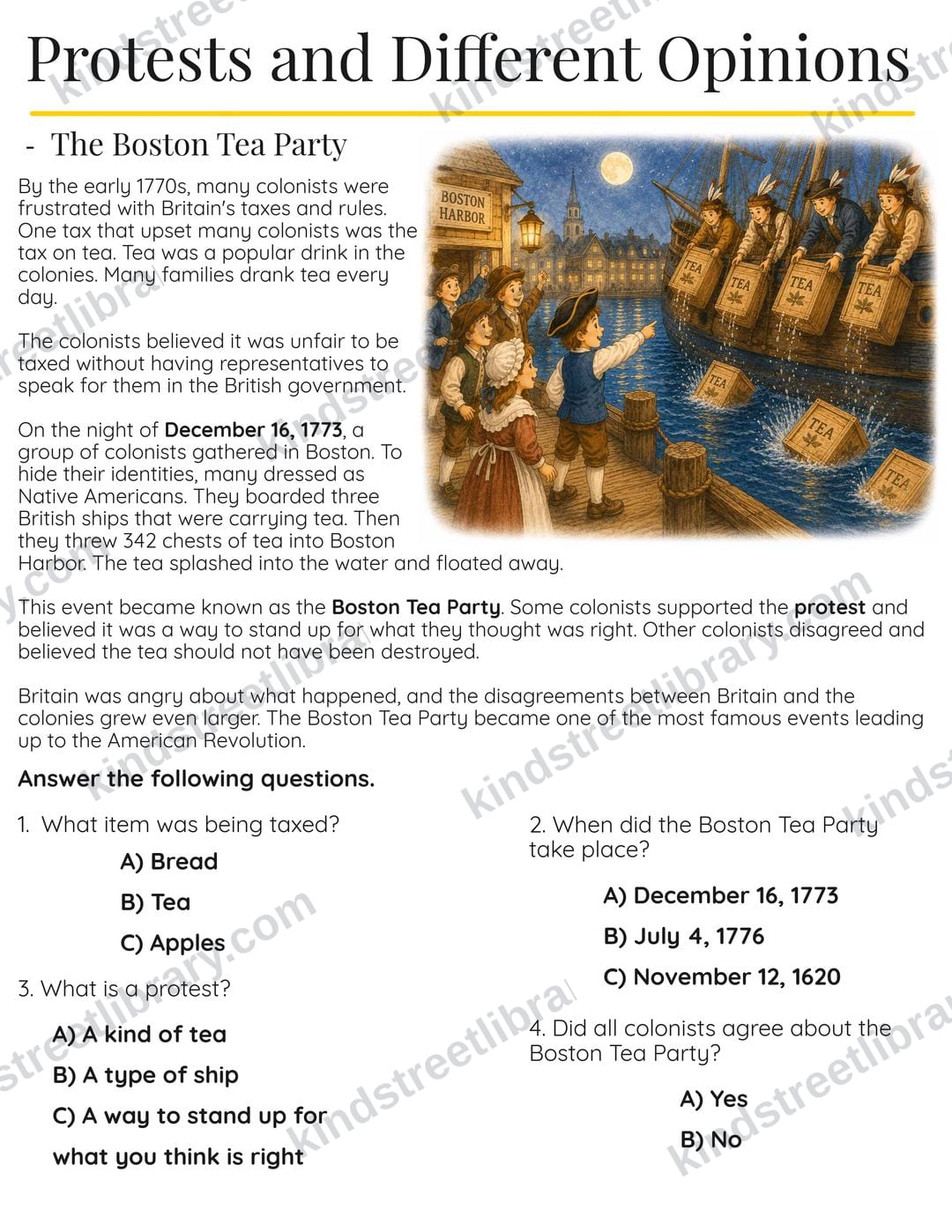 Reading page 'Protests and Different Opinions' about the Boston Tea Party, with an illustration of colonists tossing tea into the harbor and multiple-choice comprehension questions