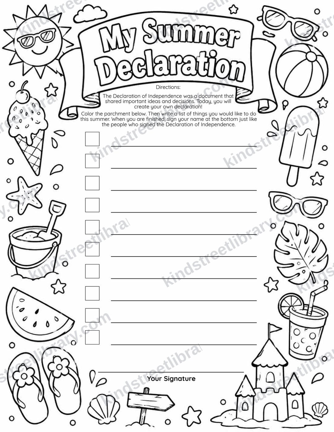 Coloring and writing page 'My Summer Declaration' where kids color a parchment and write their own declaration to sign