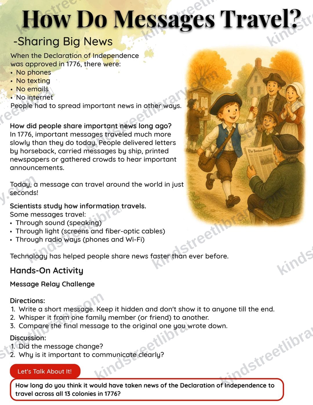 Science and history page 'How Do Messages Travel?' explaining how news spread in 1776, with a message-relay hands-on activity