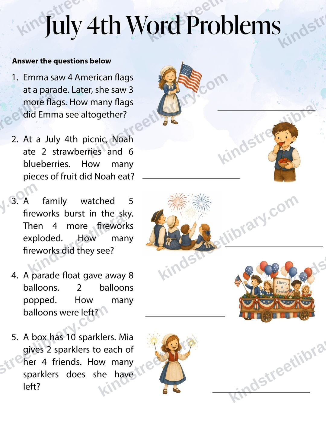 Math page 'July 4th Word Problems' with addition and subtraction stories about flags, fireworks, and sparklers