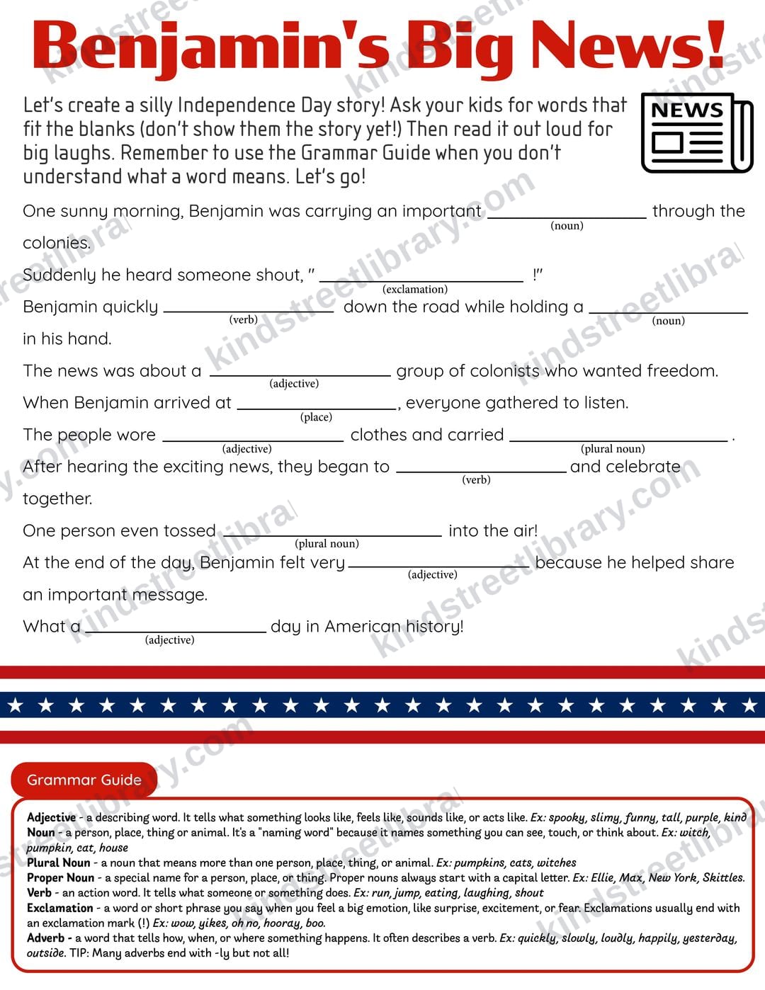 Grammar page 'Benjamin's Big News!', a silly fill-in-the-blank story with a noun/verb/adjective Grammar Guide