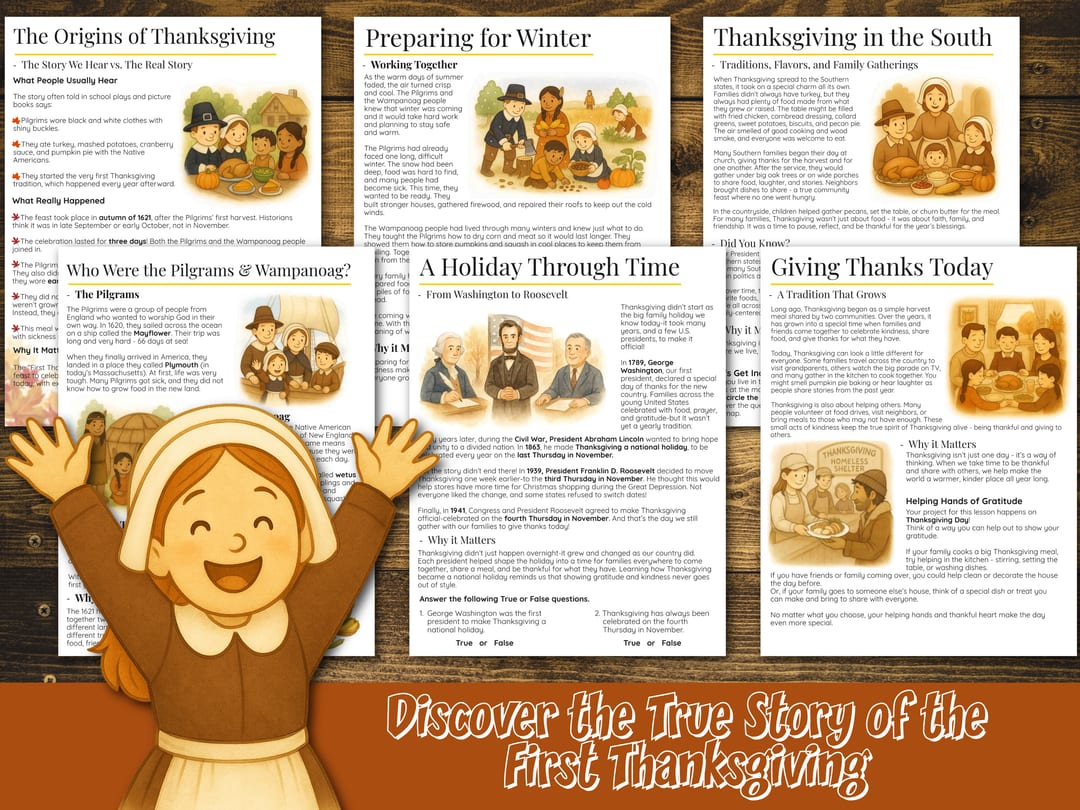 Six history lesson pages, including 'The Origins of Thanksgiving', 'Preparing for Winter', 'A Holiday Through Time', and 'Giving Thanks Today', spread on wood beneath the banner 'Discover the True Story of the First Thanksgiving' with a cheering pilgrim girl