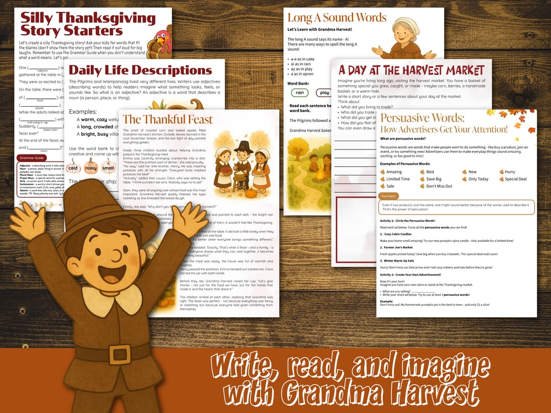 Language arts worksheets: 'Silly Thanksgiving Story Starters', 'The Thankful Feast' read-aloud, 'Long A Sound Words', and 'Persuasive Words', fanned behind a smiling pilgrim boy under the banner 'Write, read, and imagine with Grandma Harvest'