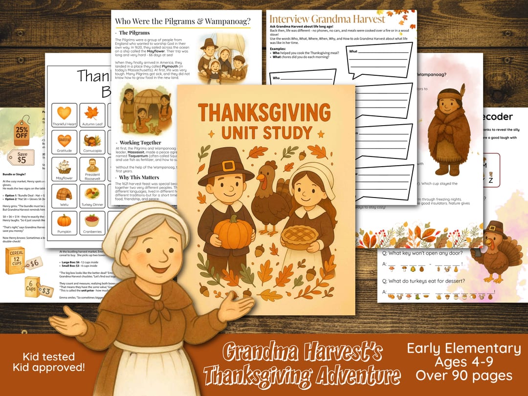 Grandma Harvest welcomes you to the Thanksgiving Unit Study, its pumpkin-and-pie cover fanned over sample pages like 'Who Were the Pilgrims & Wampanoag?', 'Interview Grandma Harvest', and Thanksgiving Bingo, with a ribbon noting early elementary ages 4-9 and over 90 pages